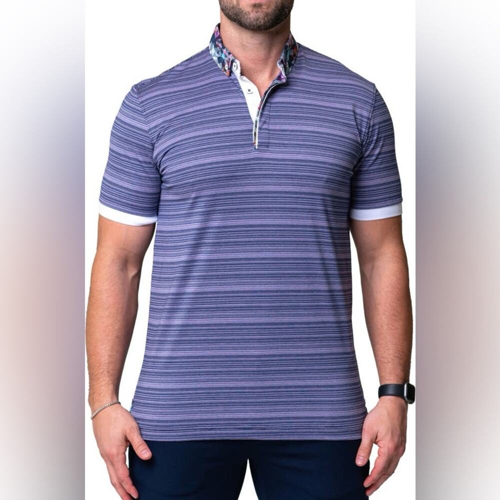 MACEOO Mozartbayu Purple Short Sleeve Striped Collar Cotton Polo Shirt Sz Large